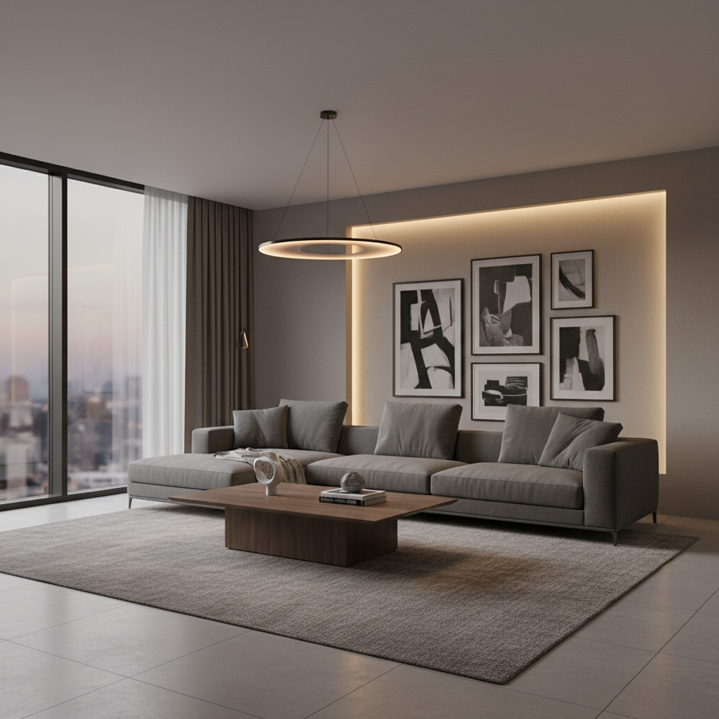 모던하고 미니멀한 거실 인테리어, 세련된 회색 패브릭 소파와 원목 커피 테이블, 은은한 간접 조명이 비치는 따뜻한 분위기의 고해상도 사진