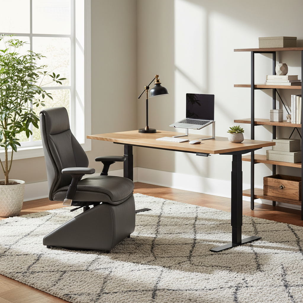 인체공학적으로 설계된 홈 오피스 가구, 높이 조절이 가능한 전동 데스크와 프리미엄 사무용 의자, 창가에서 들어오는 자연 채광이 조화로운 장면