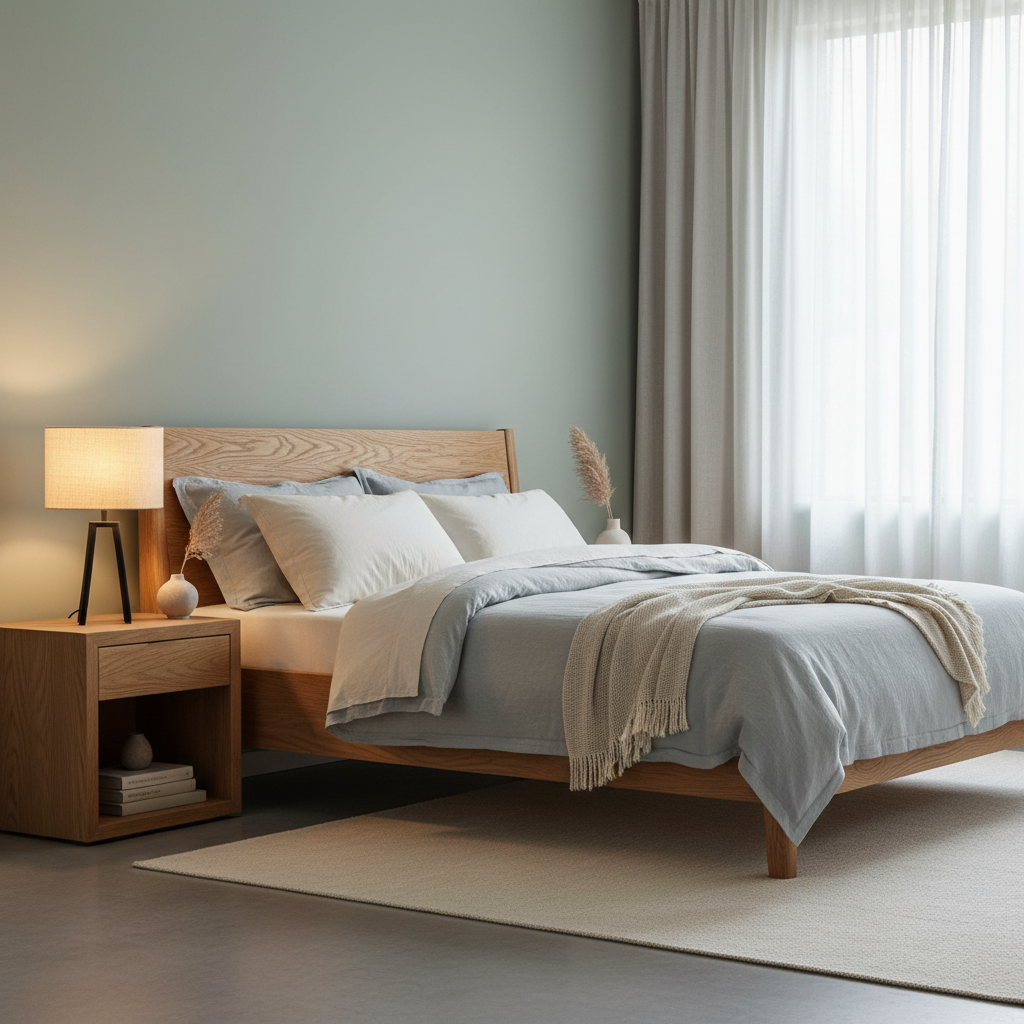 북유럽 스타일의 아늑한 침실, 내추럴한 오크 원목 침대 프레임과 고급스러운 리넨 침구 세트, 조용한 분위기를 연출하는 세련된 협탁 조명