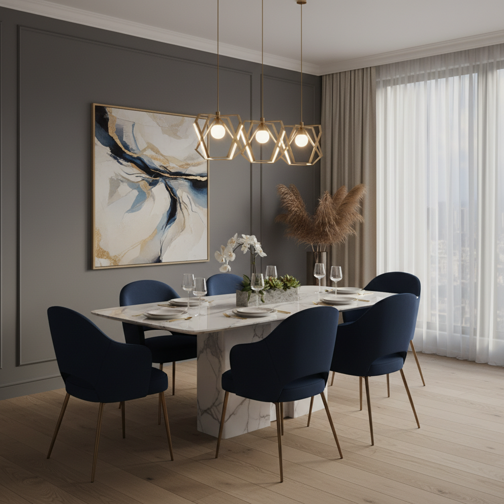세련된 다이닝 룸 디자인, 대리석 상판 식탁과 벨벳 소재의 식탁 의자 세트, 천장에 매달린 현대적인 펜던트 조명이 돋보이는 고품질 이미지