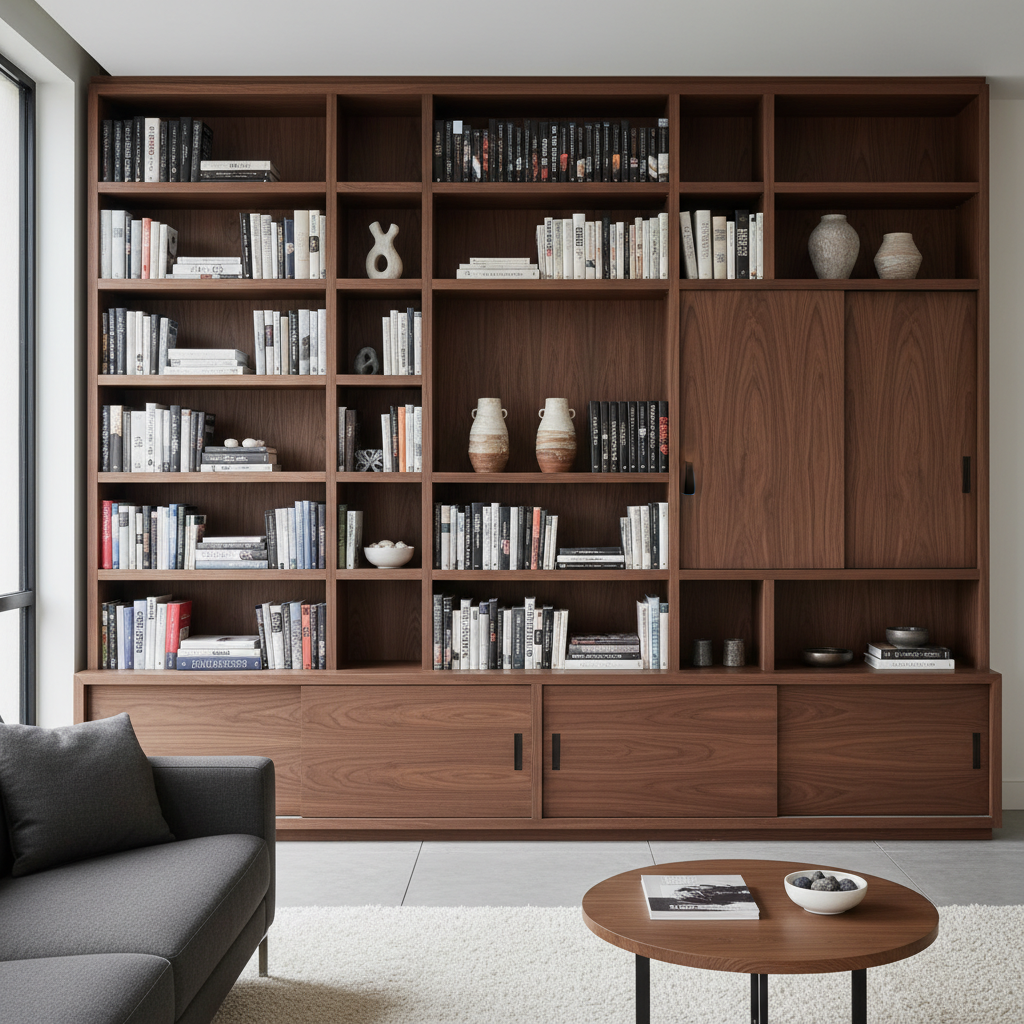 공간 효율적인 모듈형 수납 선반, 정갈하게 정리된 책과 감각적인 도자기 소품들이 배치된 월넛 소재의 책장 인테리어