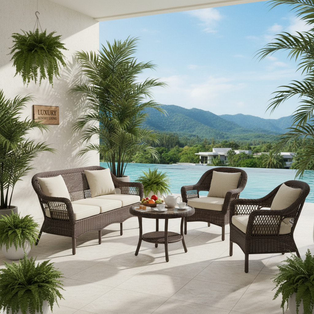 휴양지 느낌의 야외 테라스 가구, 내구성이 뛰어난 라탄 소파 세트와 작은 티 테이블, 푸른 식물들이 어우러진 평화로운 야외 공간