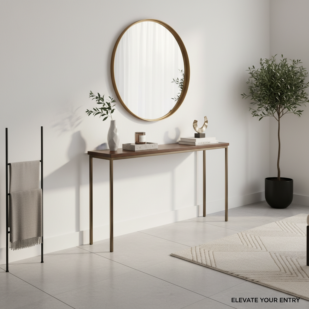 현관 입구의 슬림한 콘솔 테이블과 원형 골드 프레임 거울, 세련된 인테리어 소품이 배치된 밝고 깨끗한 분위기의 입구 가구 디자인
